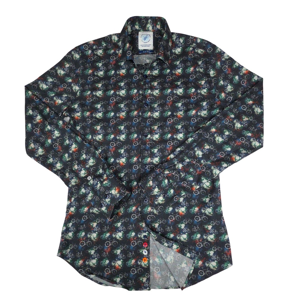 A Fish Named Fred Bicycle Print Long Sleeve Button Down Shirt Mens S Navy Cotton